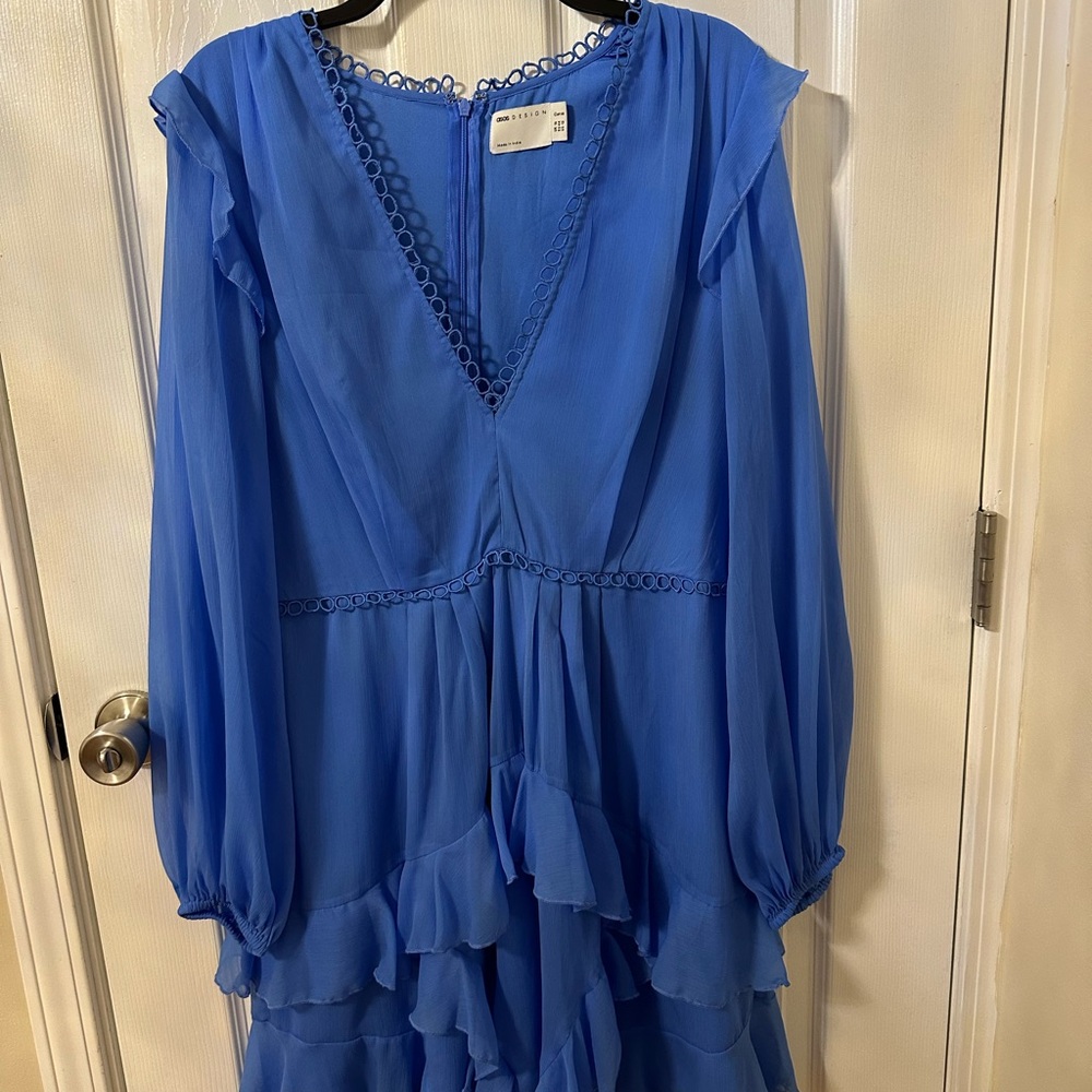 Elegant Blue Ruffled Dress with Long Sleeves- ASOS Design